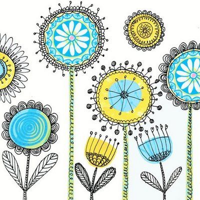 an artistic drawing of flowers with blue, yellow and white petals on them is featured in this image