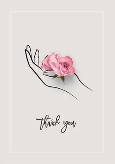 a thank card with a pink rose on the left hand and black writing that reads, thank you