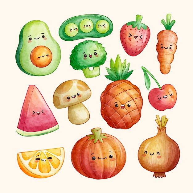 watercolor fruits and vegetables with faces drawn in the style of kawaimiki