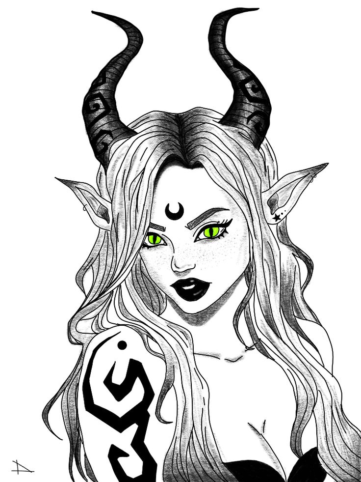 a black and white drawing of a woman with horns on her head, wearing green eyes