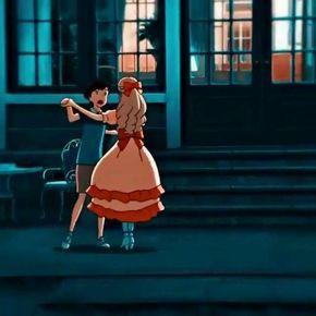 an animated image of a man and woman dancing in front of a building at night