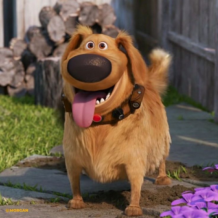 a brown dog standing on top of a sidewalk next to purple flowers