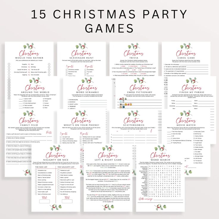 christmas party games with the text, 15 christmas party games