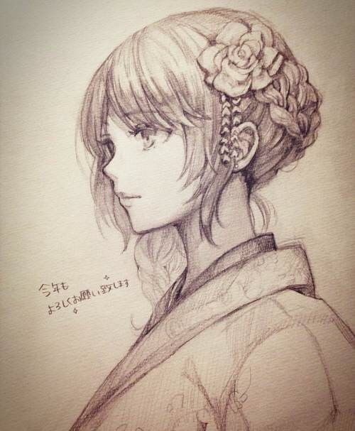 a drawing of a girl with long hair and a flower in her hair