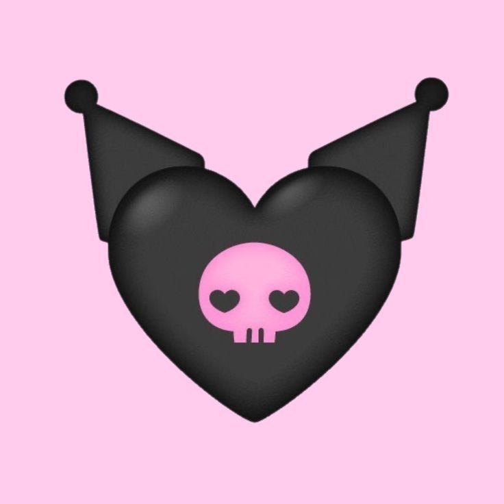 a pink and black heart with a skull on it's side, against a pink background