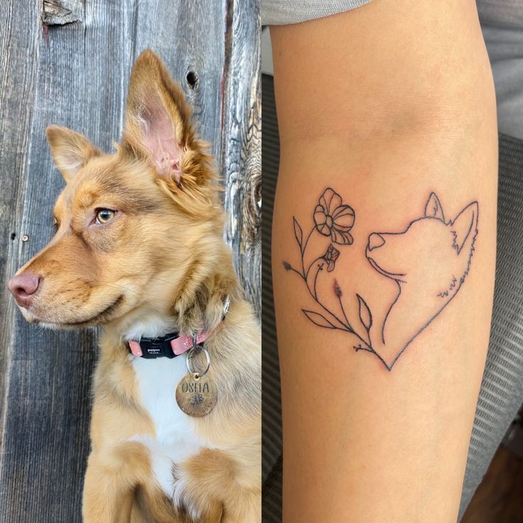 Dog tattoo with birth flower Two Dog Memorial Tattoos, Flower Dog Tattoo Ideas, Dog And Flower Tattoo Minimalist, Memorial Animal Tattoos, Dog Tattoo Ideas With Flowers, Flowers And Dog Tattoo, Daisy And Dog Tattoo, Dog Silhouette Tattoo With Flowers, Women Dog Tattoo