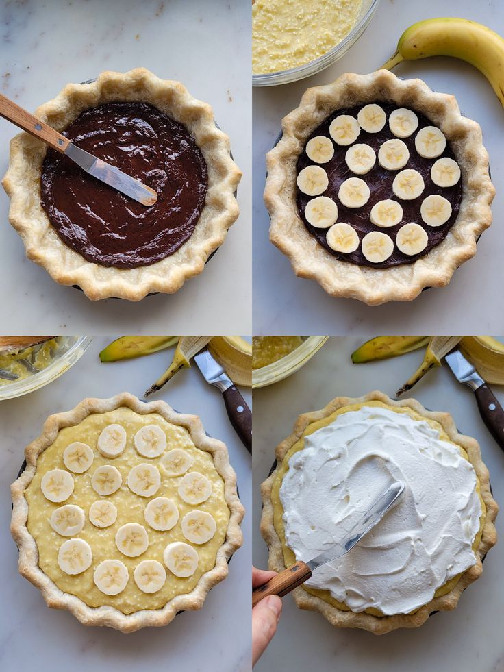 four different pies with banana slices on them