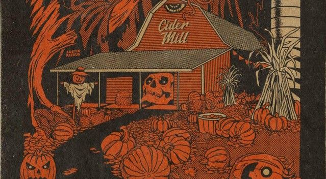 an orange and black poster with pumpkins on it