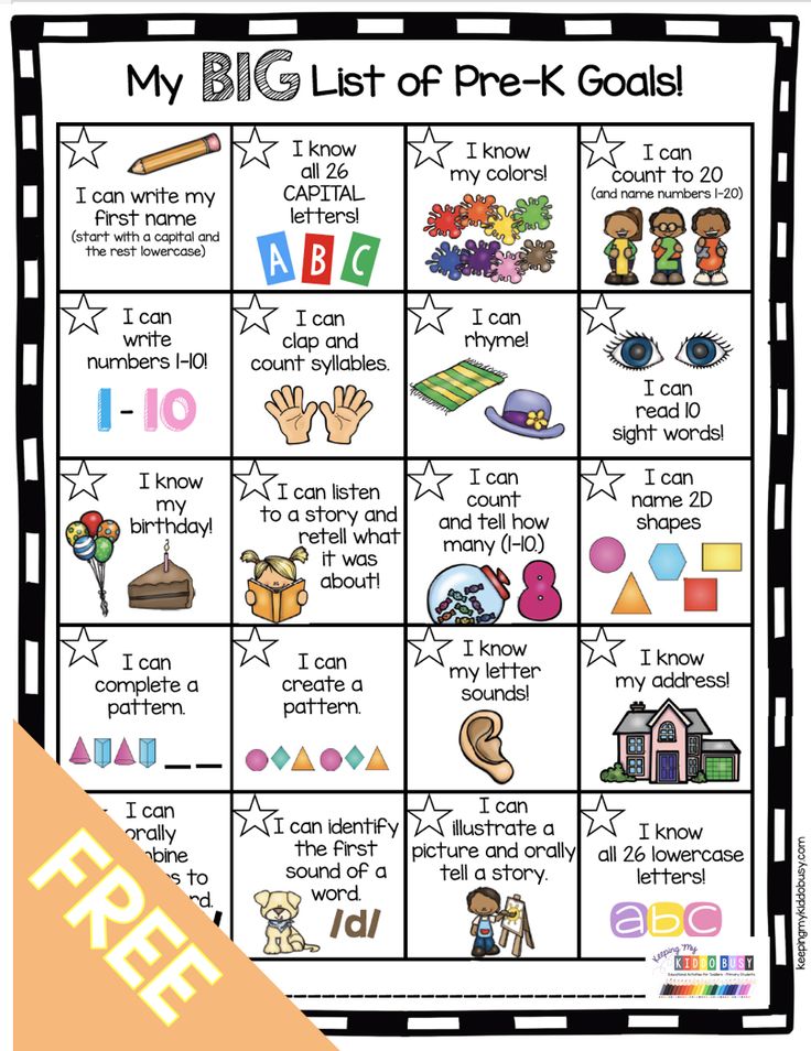 the big list of pre - k goals with pictures and words to help students learn how to