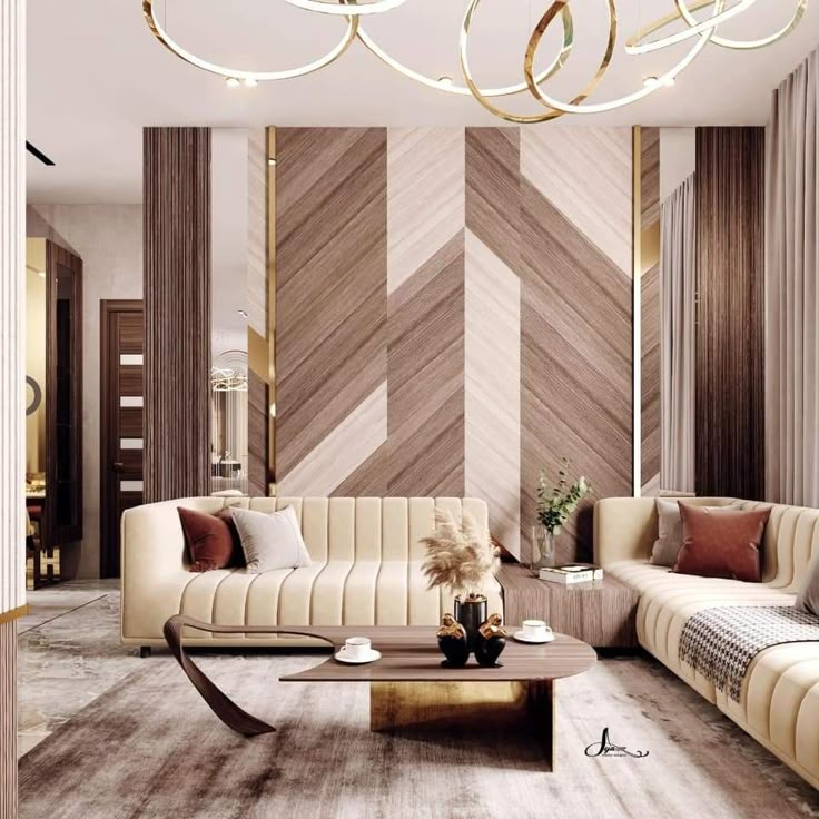 an elegant living room with modern furniture and decor in shades of brown, beige and white