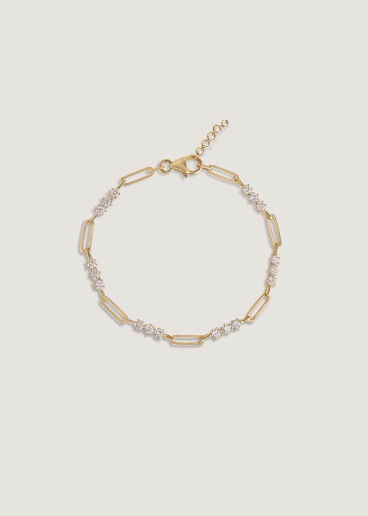 14k solid gold—always Average weight: 6g Length: 6.5-7 inches, adjustable Lab created diamonds Diamond size: 2.65mm Diamond 4 C's: 1.7ctw, Round, SI, G/H Lobster clasp closure Semi-hollow links Luxury Everyday Diamond Bracelet - Fine Jewelry, Luxury Gold Diamond Bracelet, Dainty Style, Luxury Gold-plated Diamond Bracelet, Gold Timeless Diamond Bracelet, Tarnish Resistant, Everyday Luxury Tarnish-resistant 14k Gold Diamond Bracelet, Nameplate Bracelet, Fall Rings, Bracelet Diamond, Diamond Guide