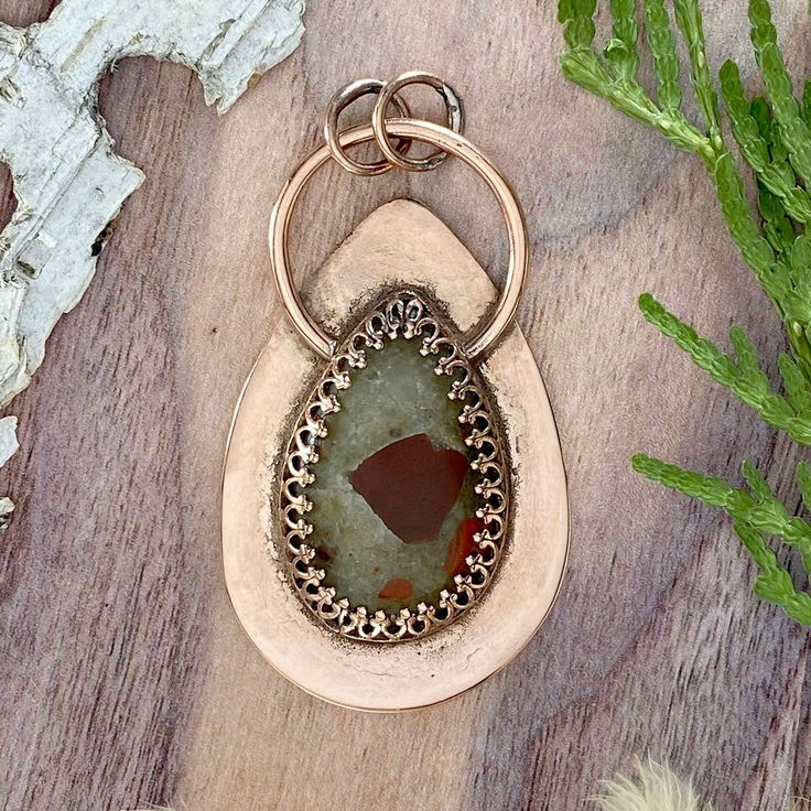 Puddingstone Pendant Front View - Stone Treasures by the Lake Artisan Jasper Teardrop Jewelry, Oval Jasper Cabochon Jewelry, Oval Cabochon Jasper Jewelry, Unique Copper Teardrop Pendant Jewelry, Bronze Cabochon Bohemian Jewelry, Brown Electroformed Teardrop Jewelry, Bohemian Bronze Cabochon Jewelry, Bronze Bohemian Jewelry With Cabochon, Bronze Bohemian Cabochon Jewelry