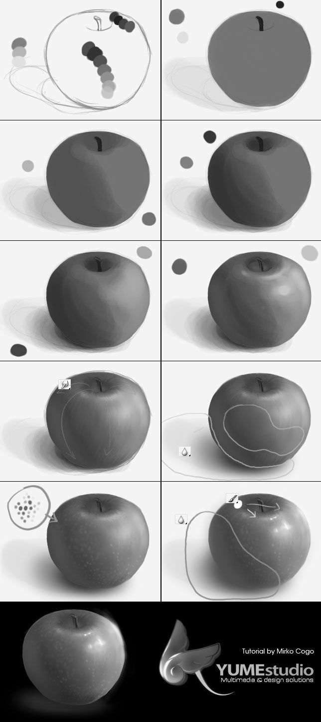 an apple is shown with different angles and sizes