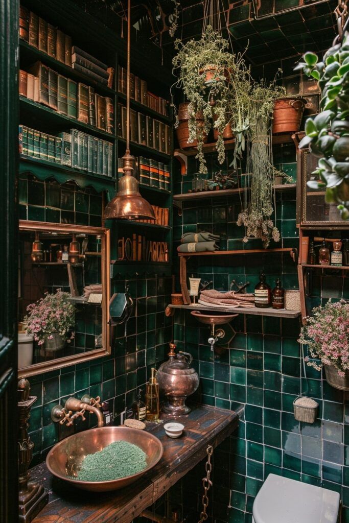 a bathroom with green tiles and plants on the shelves above the sink, along with a toilet