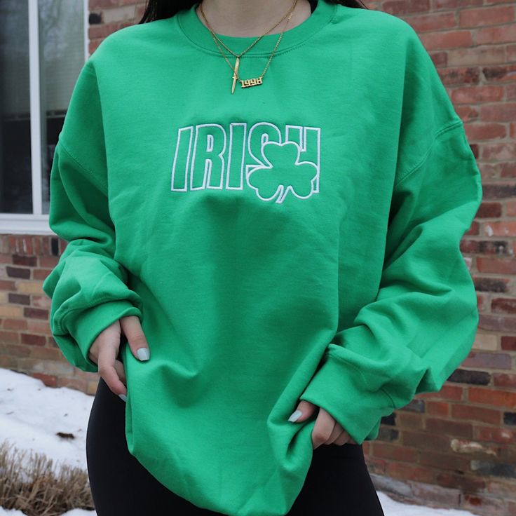 cotton/poly irish green crewneck with embroidered design! unisex adult sizing. these are made to order! please allow 2-4 weeks for shipment ᵕ̈ model is 5'5, usually a size small & wearing a size xlarge. Brown Crewneck, Green Crewneck, Cute Hoodie, Green Sweatshirt, Comfy Sweatshirt, Sweater Gift, Screen Printing Designs, St Pattys Day, St Pattys