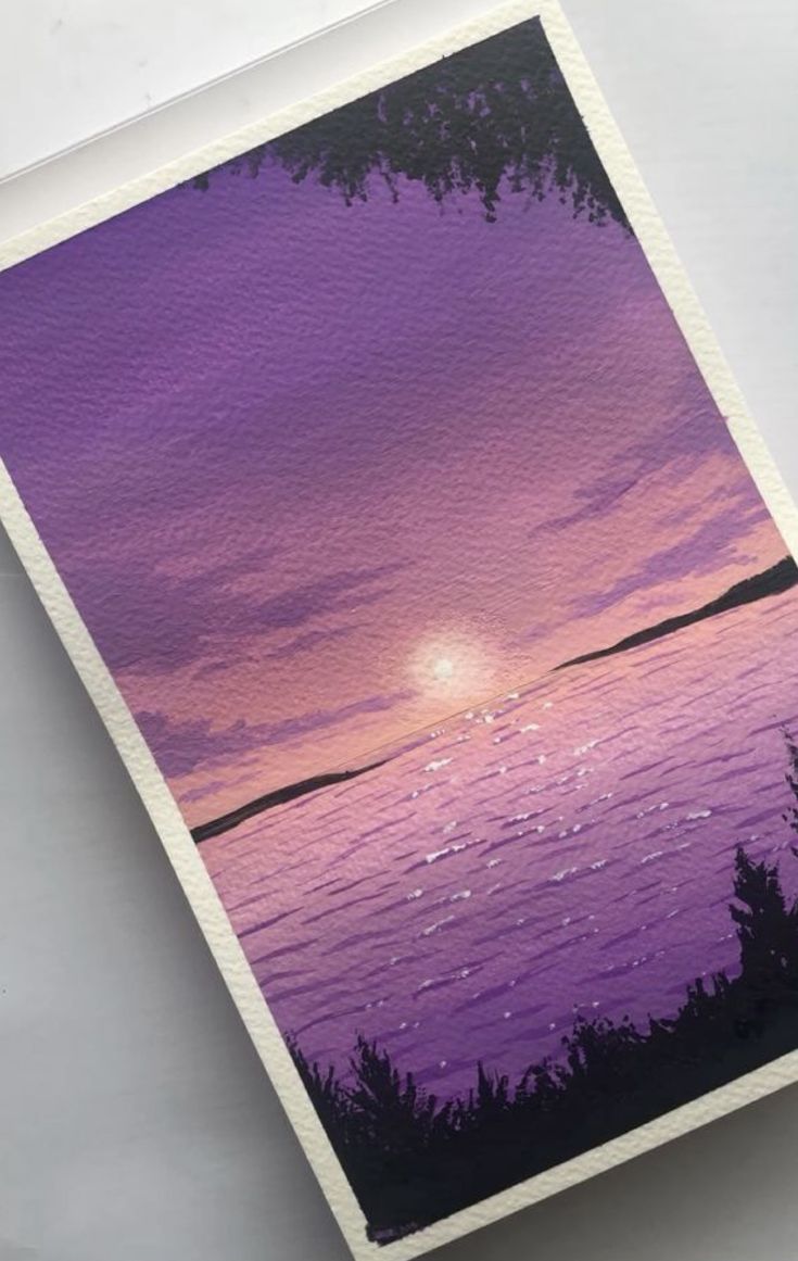 a painting of the sun setting over water with trees in foreground and purple sky