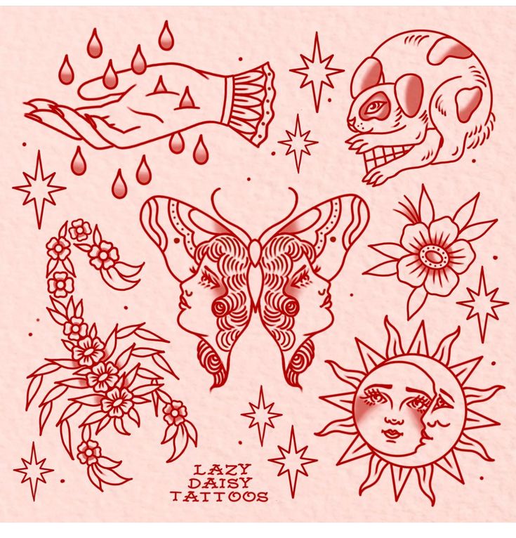 some tattoos on a pink background with stars and sunflowers in the foreground