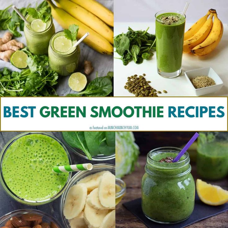 green smoothie recipe collage with bananas, spinach, banana slices and other foods