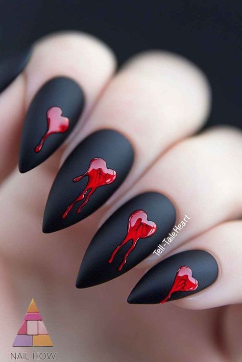 Red And Black Nails With Glitter, Skull And Crossbones Nails, Harley Quinn Nail Ideas, Blood Themed Nails, Halloween Heart Nails, Red And Black Halloween Nail Designs, Spooky Red Nails, Spooky Wedding Nails, Matte Black Halloween Nails Design