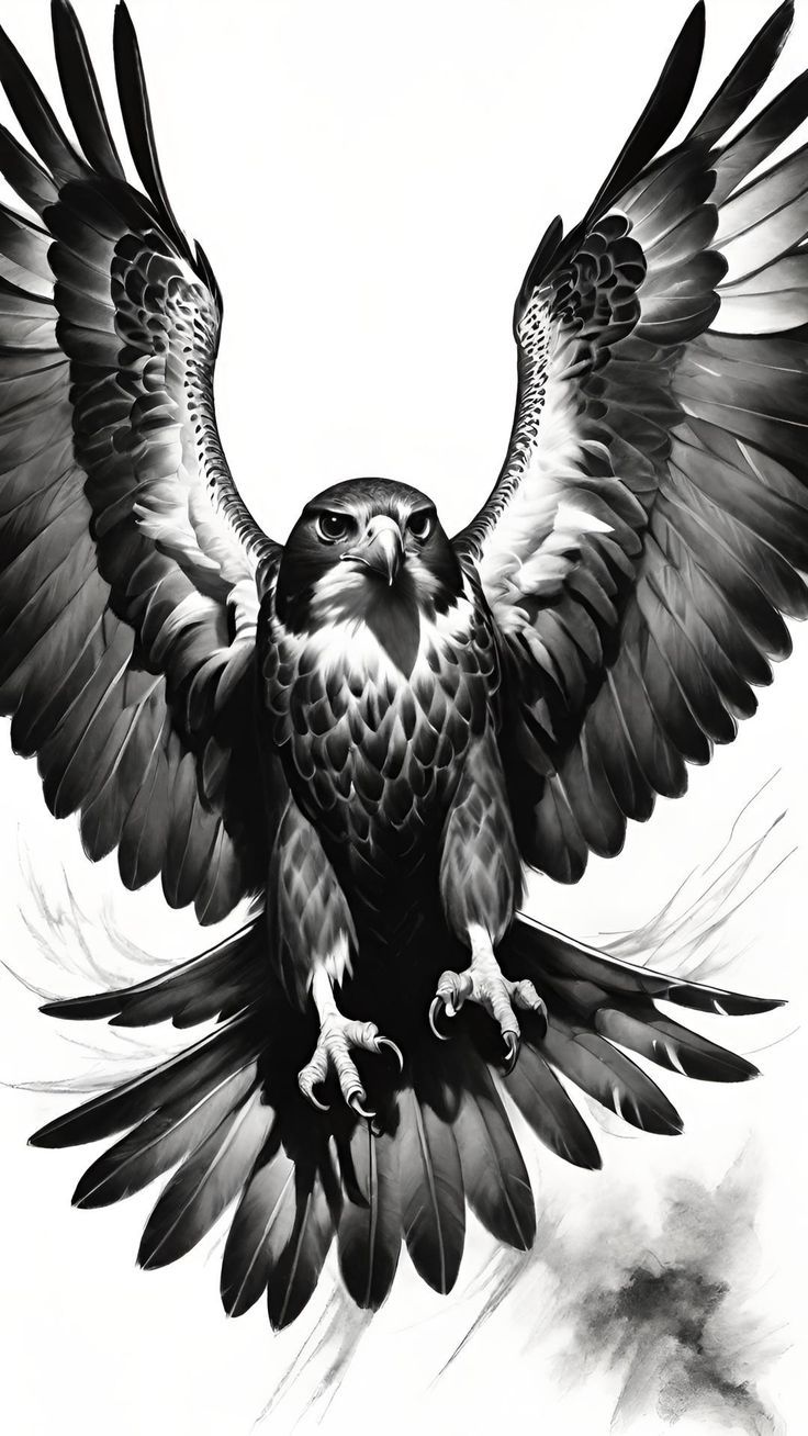 a black and white photo of an eagle with its wings spread