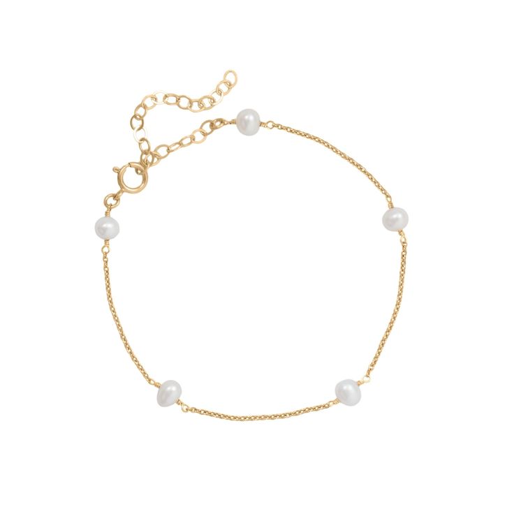 This bracelet features freshwater pearls hand strung along a delicate chain. A dainty and adorable bracelet that looks equally great worn layered or solo. DETAILS available in 14kt gold fill or sterling silver 6 inches long with a 2 inch extender can be worn 6 to 8 inches long Dainty Sterling Silver Bracelets With Pearl Charm, Delicate Chain Bracelet With Extender, Dainty 14k Gold Filled Jewelry With Extender, Dainty Sterling Silver Pearl Bracelet With Charm, Everyday Delicate Sterling Silver Pearl Bracelet, Adjustable Gold Pearl Chain Bracelet, Adjustable Delicate 14k Gold-filled Bracelets, Classic Adjustable Chain Bracelet With Pearl Charm, Minimalist Gold Pearl Bracelet With Delicate Chain