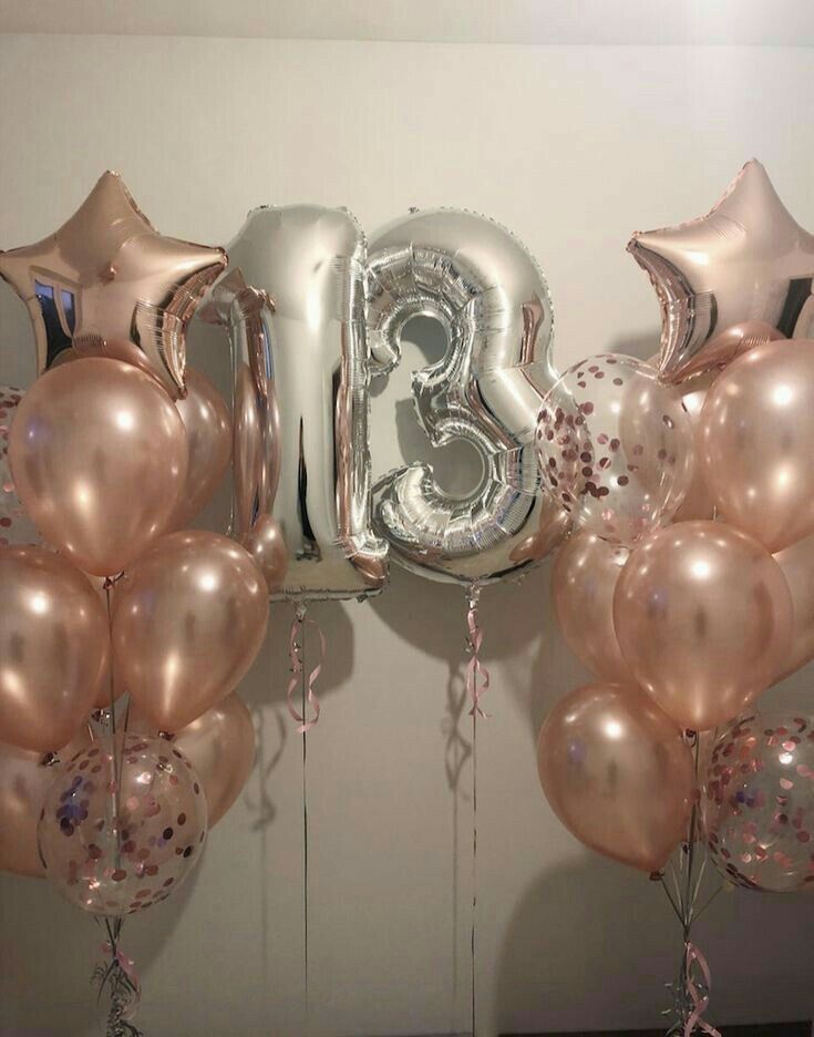 balloons and streamers are arranged in the shape of the number thirteen