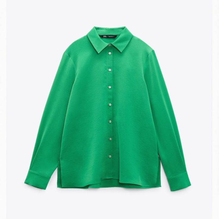 Shirt With Lapel Collar. Long Sleeves With Cuffs. Front Button Closure. Green Office Blouse With Button Cuffs, Green Blouse With Button Cuffs For Office, Green Blouse With Button Cuffs For Work, Classic Zara Button-up Shirt, Zara Classic Button-up Shirt, Green Button-up Shirt With Button Cuffs, Elegant Green Zara Shirt, Classic Green Collared Blouse, Green Collared Blouse With Button Cuffs