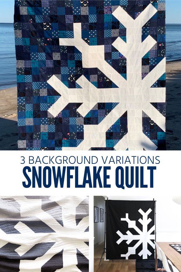 three snowflake quilts with the words 3 background variations in blue and white