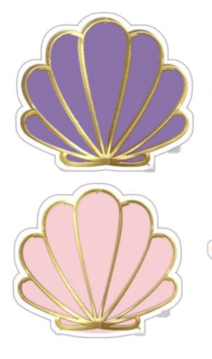 three pink and purple seashells with gold trimming on white background, each one in different colors