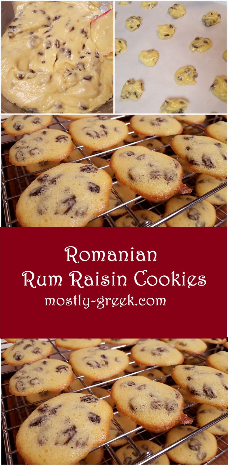 some cookies are cooling on a rack with the words roman rum raisin cookies