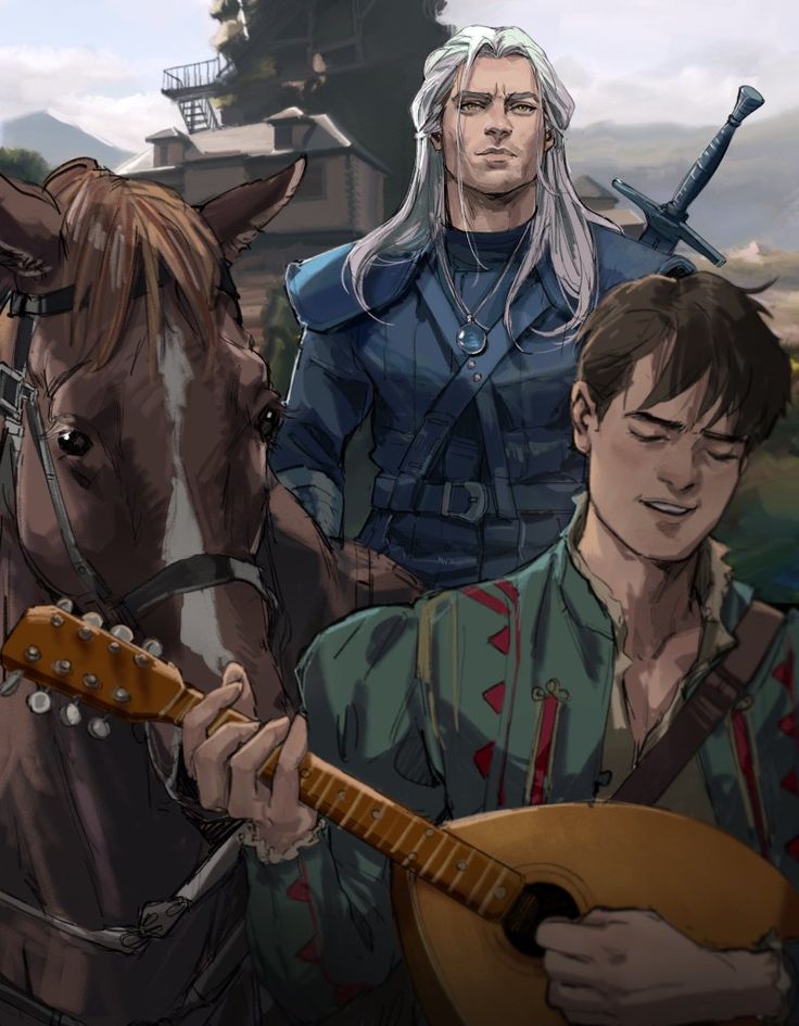 two men are standing next to each other and one is holding a guitar while the other holds a horse