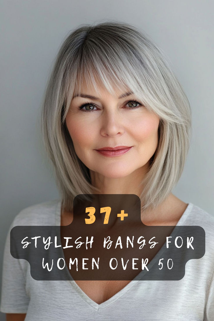 Revamp your style with 37 trendy hairstyles featuring bangs for women over 50. 💇‍♀️✨ These chic looks include layered cuts, side-swept bangs, and elegant styles that bring a youthful flair to your hair. Curious about which style suits you best? Click to explore all the stylish options! #HairstylesWithBangs #Over50Style #ChicLooks #YouthfulHair #LayeredCuts Side Swept Bangs For Fine Hair, Mid Length Haircut Over 50, Straight Lob With Side Bangs, Hair Styles For Women Over 50 With Curtain Bangs, Hairstyles For 55 Year Old Women Over 50, Women Shoulder Length Haircut With Bangs, 50yr Old Women Hair Styles, 40 Year Old Hairstyles With Bangs, Side Bangs With Cowlick