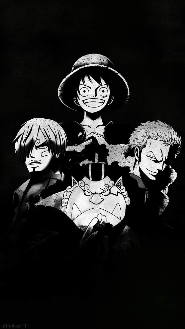 three anime characters standing next to each other in front of a black and white background