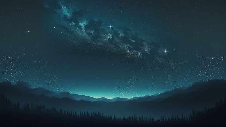 the night sky is filled with stars and mountains