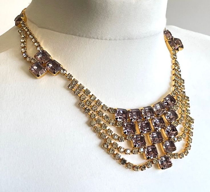 Showstopping Vintage Prom or Party Rhinestone Bib Necklace - Etsy Revival Design, 2023 Wishlist, Vintage Prom, Claw Prong, Egyptian Revival, Bib Necklaces, Purple Crystal, Clear Stone, Purple Crystals