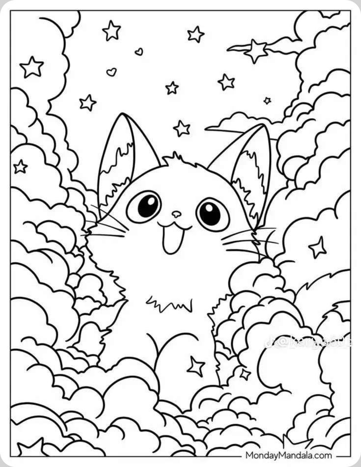 a cat in the clouds with stars on it's head coloring pages for kids