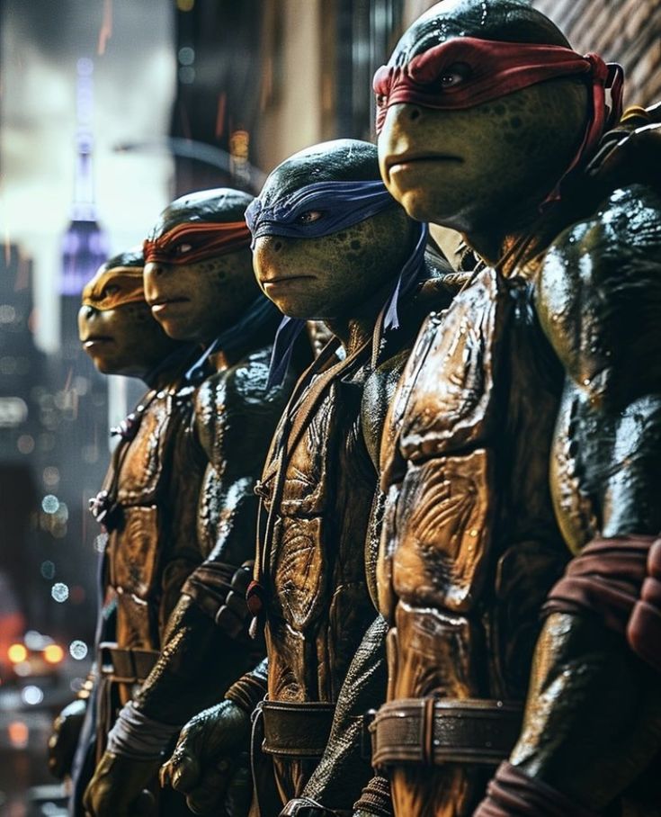 teenage mutant ninja turtles lined up against a brick wall in the city at night time