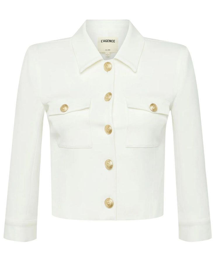 L’Agence White Kumi Cropped Jacket Collar ¾ length sleeves; button cuffs Button down front closure Chest flap pockets Gold tone statement button detail Cropped length 68% polyester, 29% rayon, 3% spandex Jacket Collar, Evening Jumpsuit, Strong Shoulders, Fitted Jacket, Casual Blazer, Sleeve Jacket, Cropped Jacket, Women's Coats & Jackets, Workout Jacket