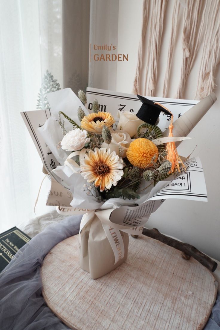 a bouquet of flowers sitting on top of a table