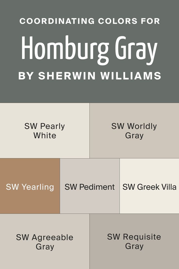 Homburg Gray SW 7622  Coordinating Colors by Sherwin-Williams Sherwin Williams Homberg Grey, Homburg Grey Exterior, Homburg Gray Coordinating Colors, Homberg Grey, Sw Pediment, Homburg Gray Sherwin Williams, Homburg Grey, Sw Pearly White, Sw Greek Villa