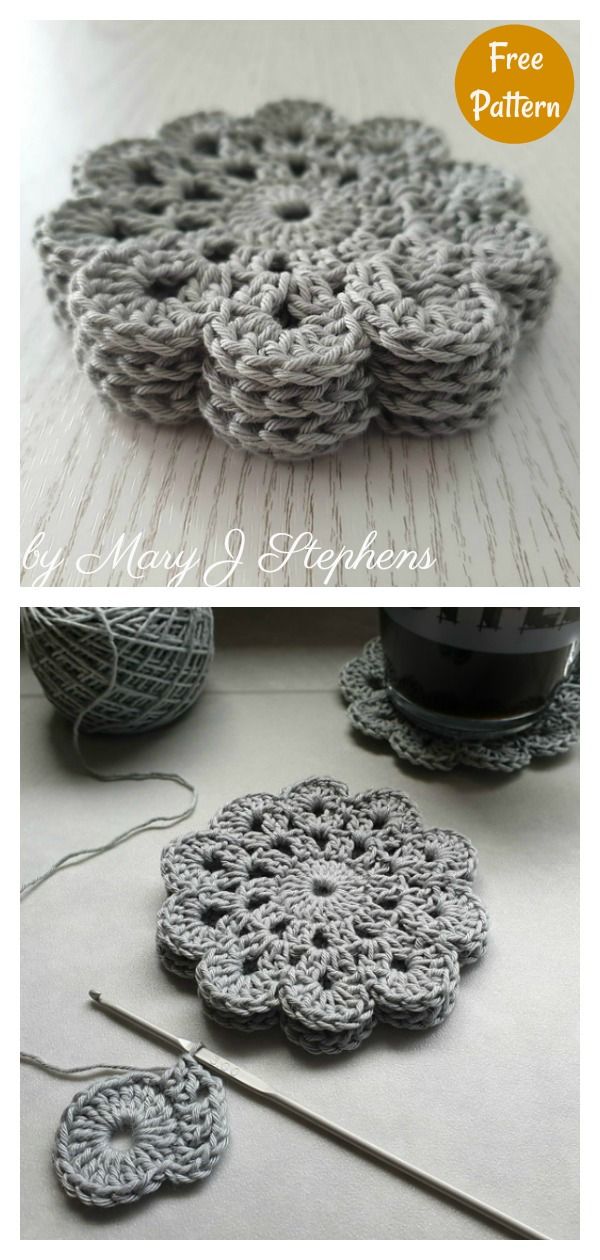 crocheted doily is shown with yarn on the floor and in front of it