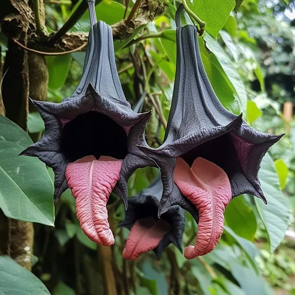 two purple flowers hanging from a tree with green leaves