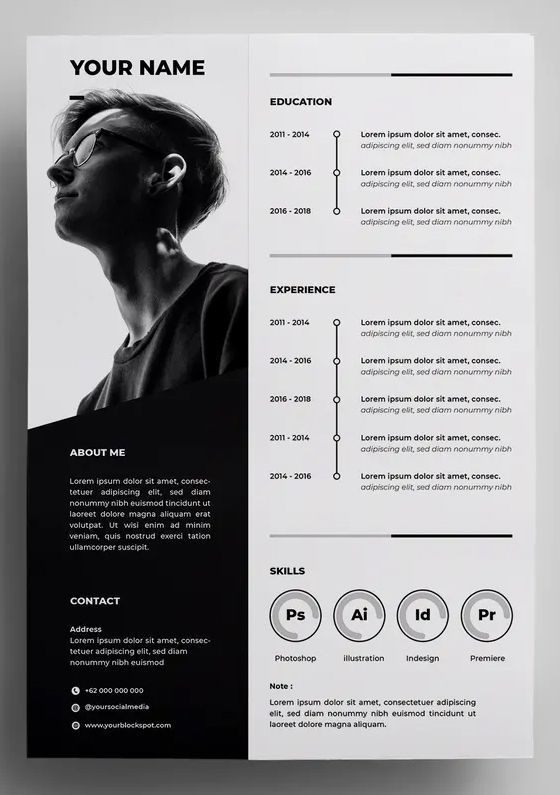 a black and white resume template with an image of a woman's face on it