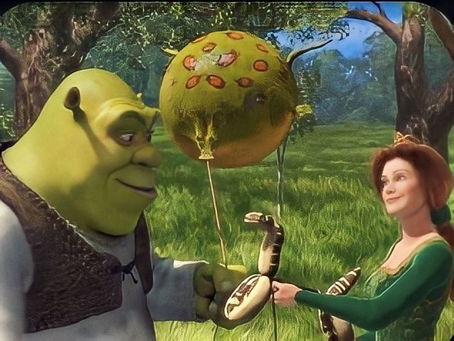 an animated character is handing something to a woman in a green dress and holding a yellow balloon