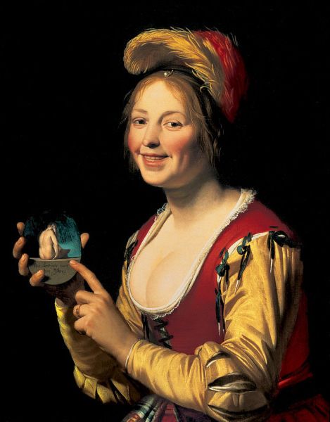 a painting of a woman holding a small bird in her right hand and smiling at the camera