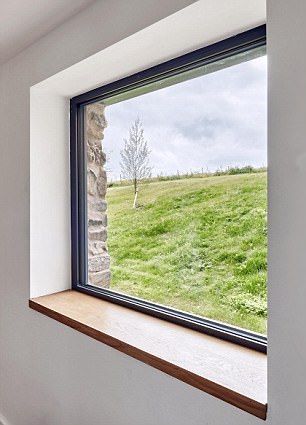 an empty room with a large window overlooking a grassy field