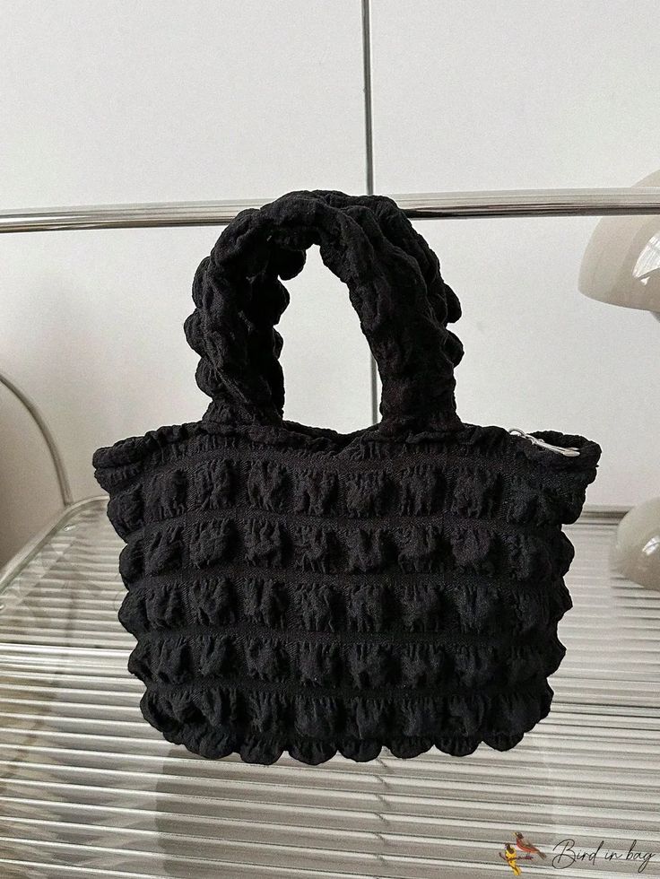 Bird in Bag - Simple Pleated Casual Tote Bag Black Casual Handheld Shoulder Bag, Casual Black Handheld Shoulder Bag, Casual Textured Shoulder Bag For Everyday, Casual Everyday Textured Shoulder Bag, Trendy Textured Tote Shoulder Bag, Trendy Black Crochet Bag For Shopping, Casual Textured Tote Shoulder Bag, Casual Black Crochet Satchel Bag, Casual Black Satchel