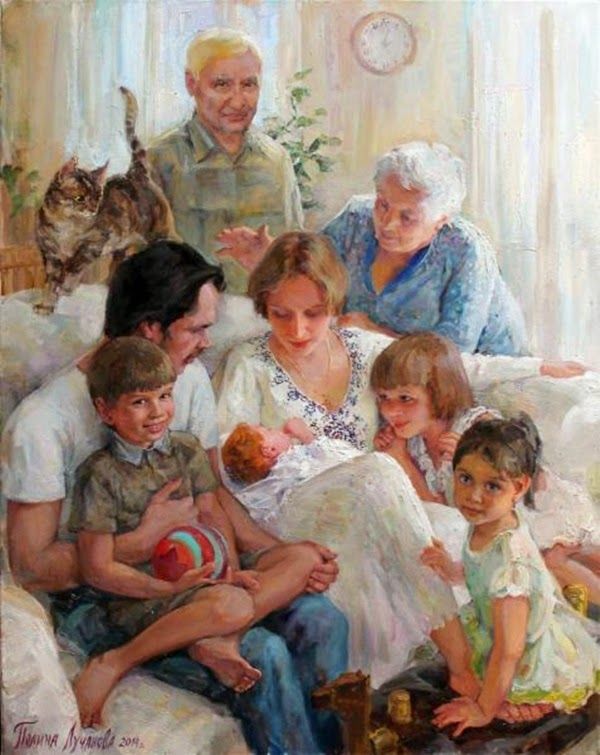 a painting of a family sitting on a couch with their child and cat in front of them