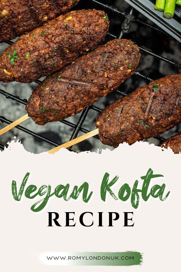 the recipe for vegan kofta is shown on a grill with skewers