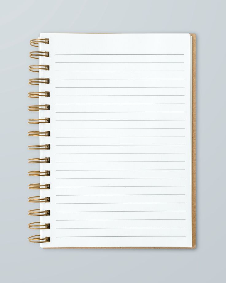 an open spiral notebook with lined paper on the front and bottom, sitting on a gray surface